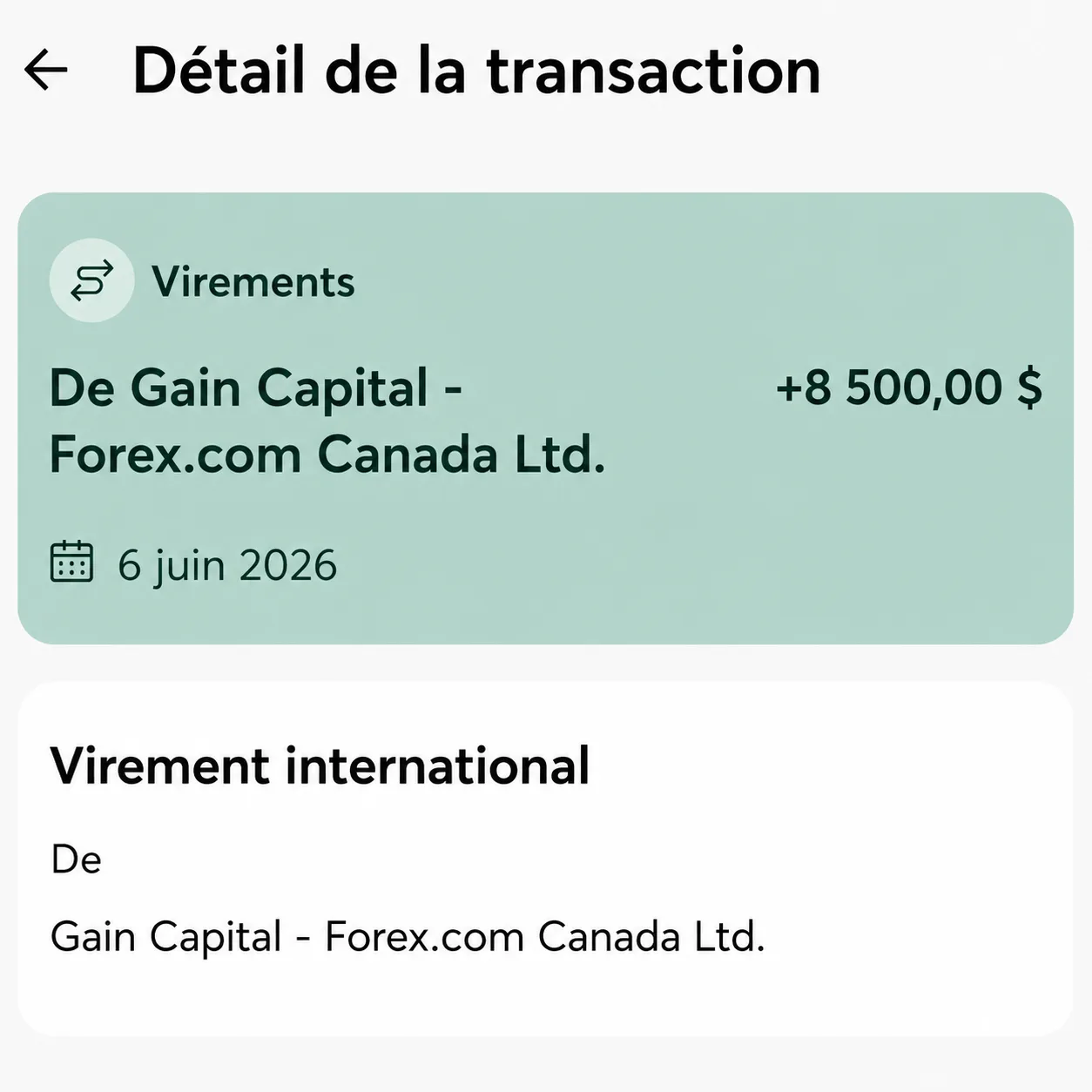 Virement reçu, capture bancaire